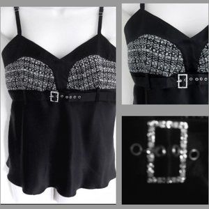NWT Silk satin cami 12 Black with white Rhinestone trim Empire Embellished Top